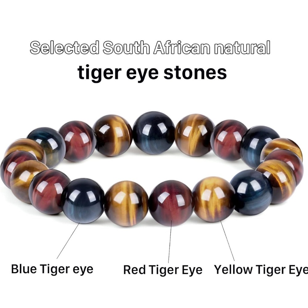 Triple Tigers Eye Stretch Bracelet Yellow Red Blue Tigers Eye Bracelet 14mm Bead - Picture 6 of 10